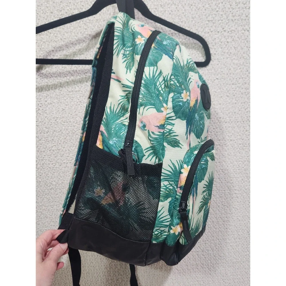 Hurley‎ Backpack Tropical Parrot Green Pink Black Front Pocket Adjustable Straps